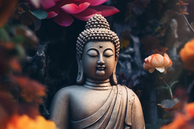 Buddha statue with blooming flowers