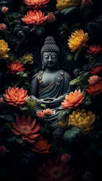 Free photo buddha statue with blooming flowers