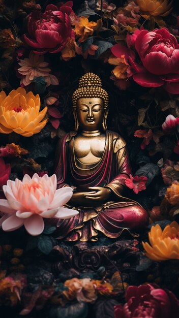 Buddha statue with blooming flowers