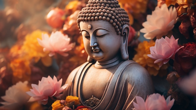 Buddha statue with blooming flowers