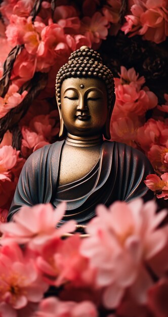 Buddha statue with blooming flowers