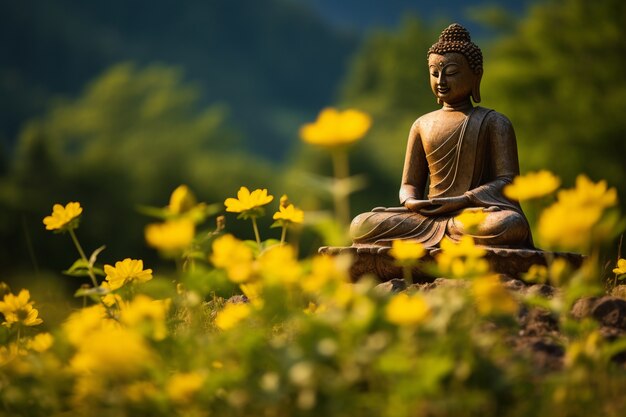 Buddha statue with blooming flowers