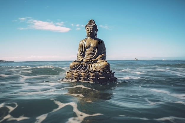 Free photo buddha statue with body of water