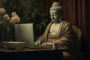 Free photo buddha  statue with computer