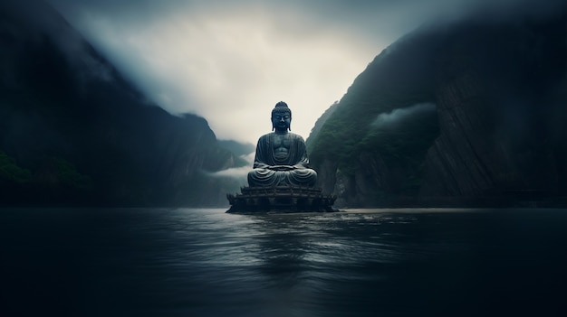 Free photo buddha statue with natural water landscape