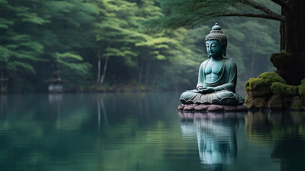 Free photo buddha statue with natural water landscape