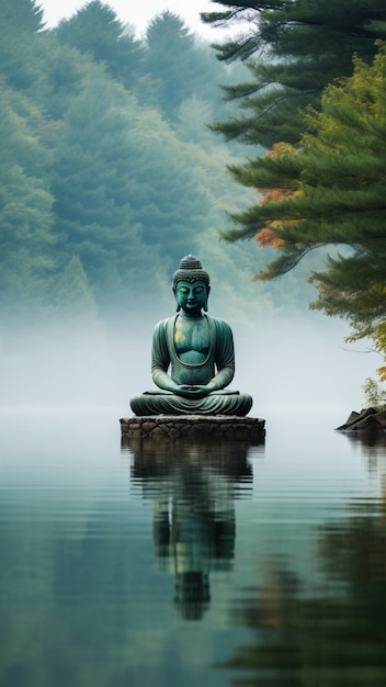 Free Photo buddha statue with natural water landscape