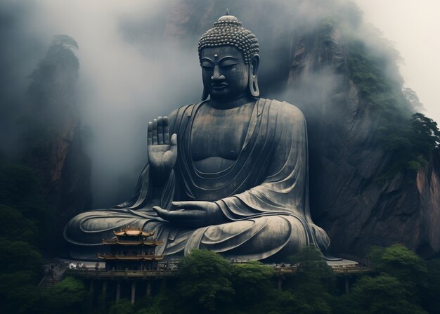 Buddha statue with nature landscape