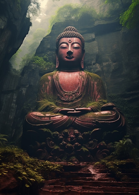 Free Photo buddha statue with nature landscape