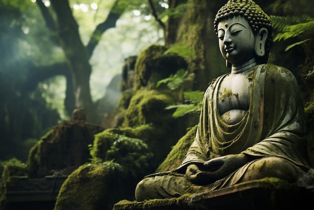 Free photo buddha statue with nature landscape