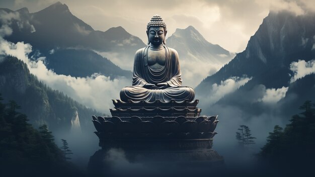 Buddha statue with nature landscape