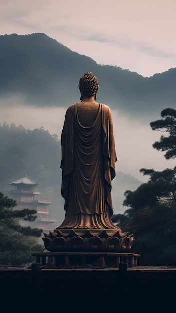 Free photo buddha statue with nature landscape