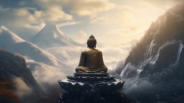 Free photo buddha statue with nature landscape