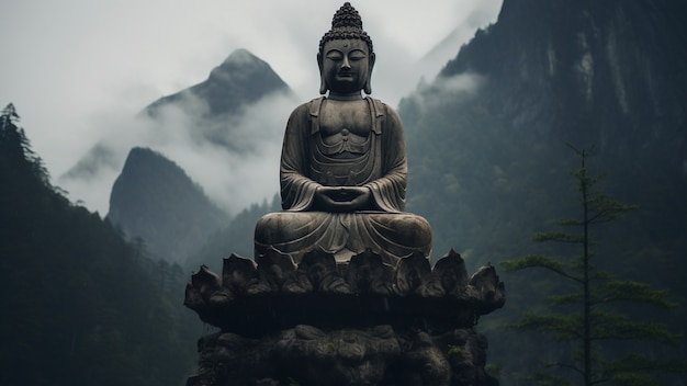 Free photo buddha statue with nature landscape