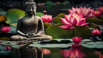 Free photo buddhist meditates by lotus pond tranquil harmony generative ai