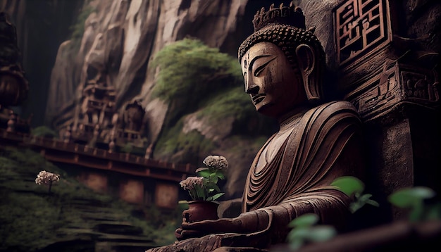 Buddhist sculpture in tranquil scene ancient architecture meditation generative AI