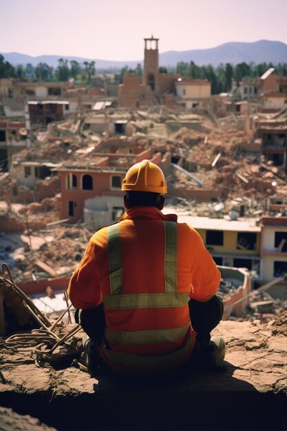 Builder in a destroyed city after earthquake