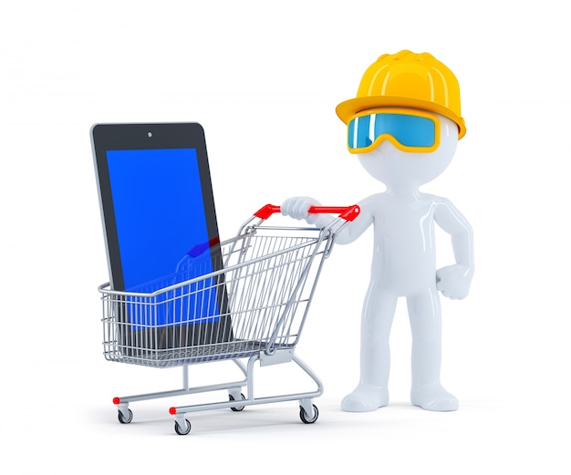 Builder with shopping cart and blank screen tablet