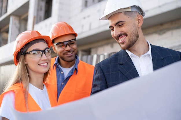 Building and construction worker on the site with architect