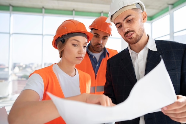 Building and construction worker on the site with architect