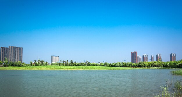 Building and lake