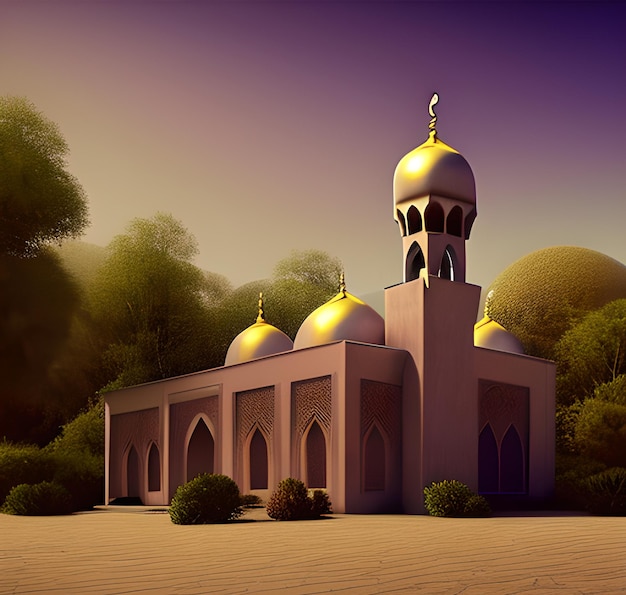 A building with gold domes and gold trim sits in a desert setting.