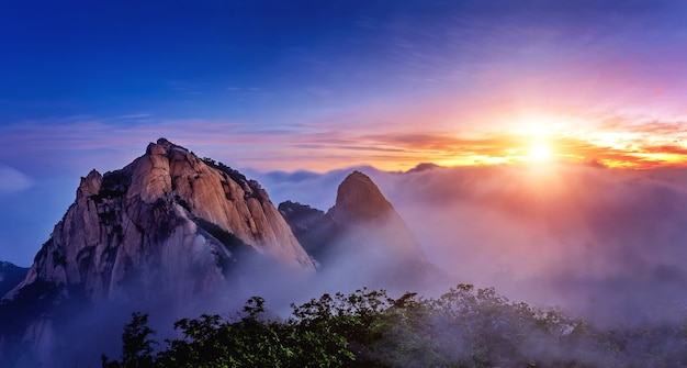 Free photo bukhansan mountains is covered by morning fog and sunrise in bukhansan national park, seoul in south korea.