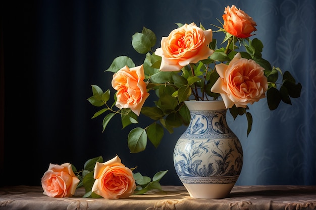 Bunch of beautiful blooming roses in vase