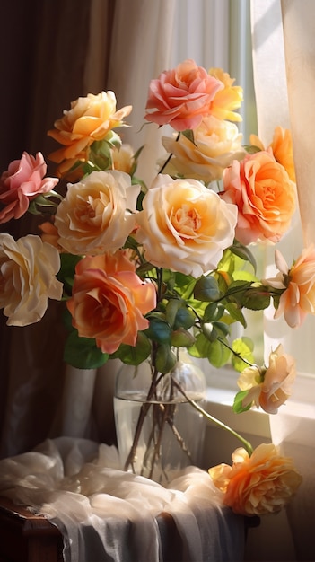 Bunch of beautiful blooming roses in vase