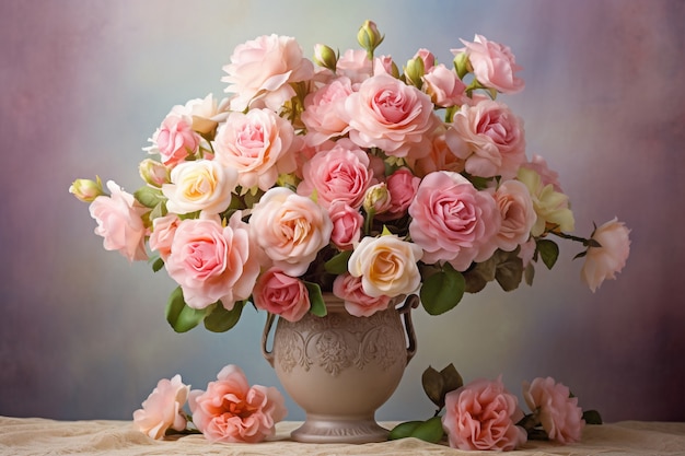 Bunch of beautiful blooming roses in vase