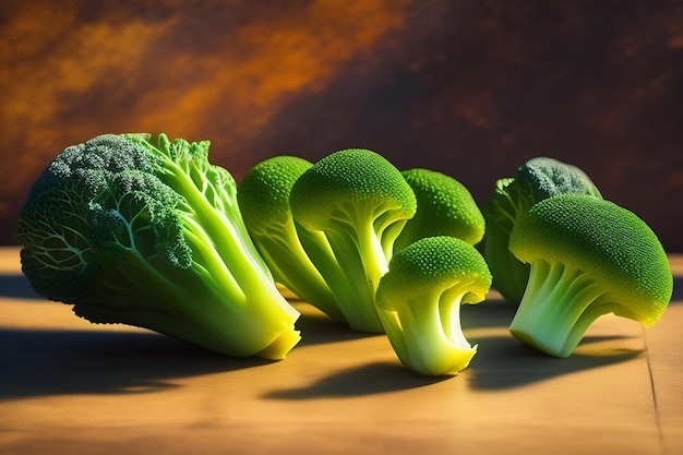 A bunch of broccoli on a wooden table