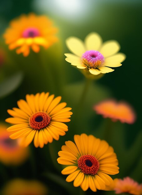 A bunch of flowers that are yellow and purple