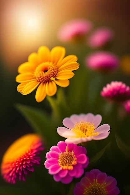 Free photo a bunch of flowers with a pink and yellow background