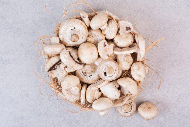 Bunch of fresh mushrooms in wooden basket