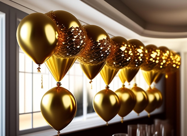 Free photo a bunch of gold balloons hanging from a window