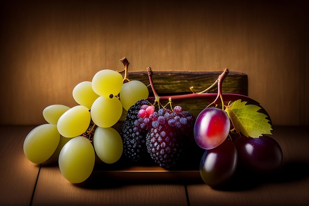 Free photo a bunch of grapes and grapes on a wooden table