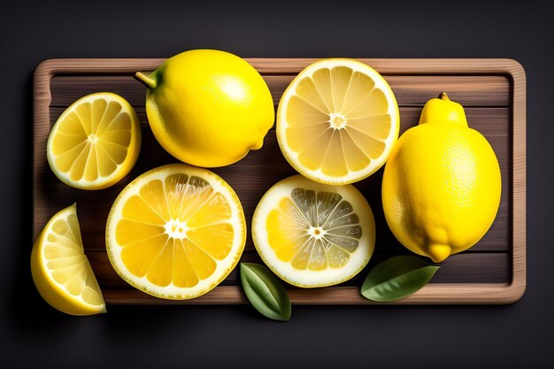 A bunch of lemons are on a tray with some leaves