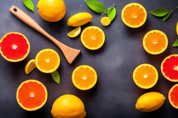 A bunch of oranges and lemons on a dark background