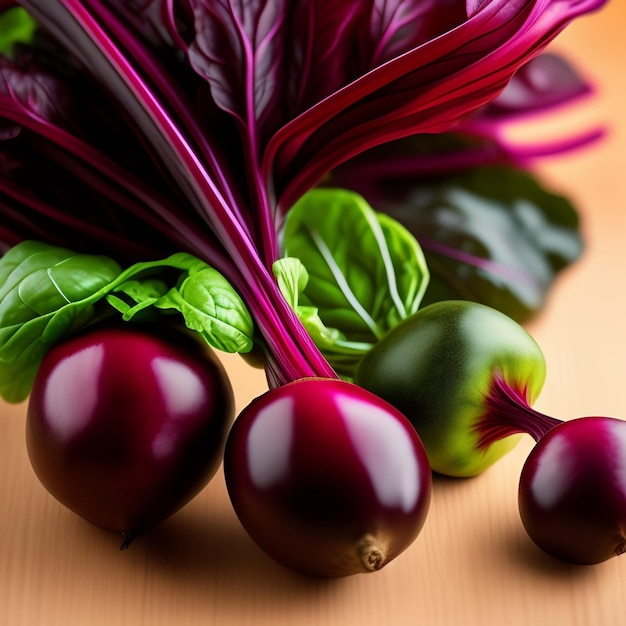 Free Photo a bunch of purple radishes are on a table with other vegetables.