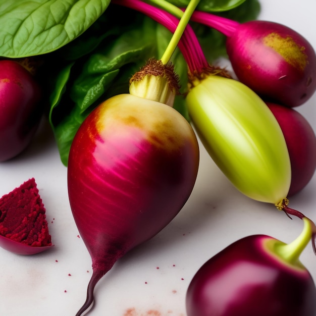 Free photo a bunch of radishes with one that has a green leaf on it.