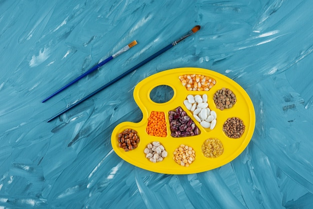 Free photo bunch of raw dry beans placed inside of painting palette.