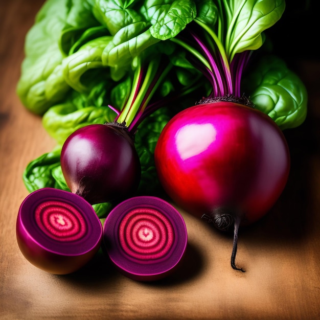 Free photo a bunch of red beets are on a table with spinach.