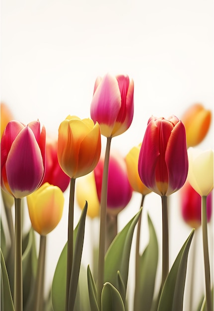 A bunch of tulips with yellow pink and orange colors