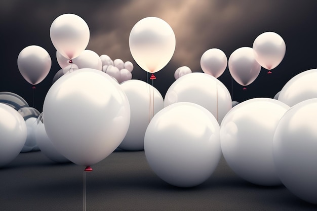 A bunch of white balloons are in a dark background with a dark sky in the background.