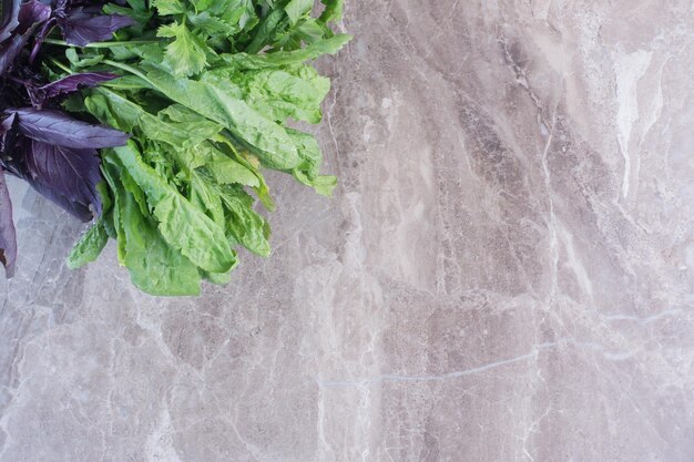 Bundles of basil and amaranth on marble surface