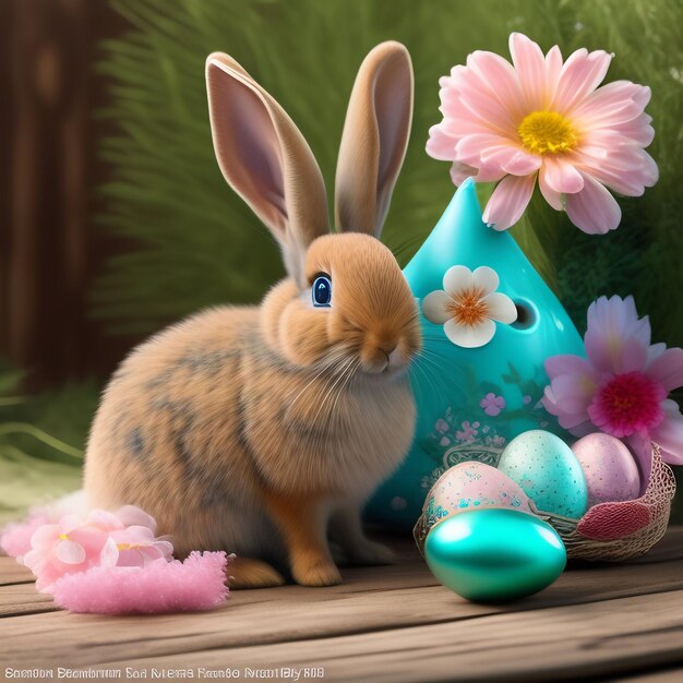 A bunny and a blue easter egg are sitting next to a blue container with flowers and a pink flower.