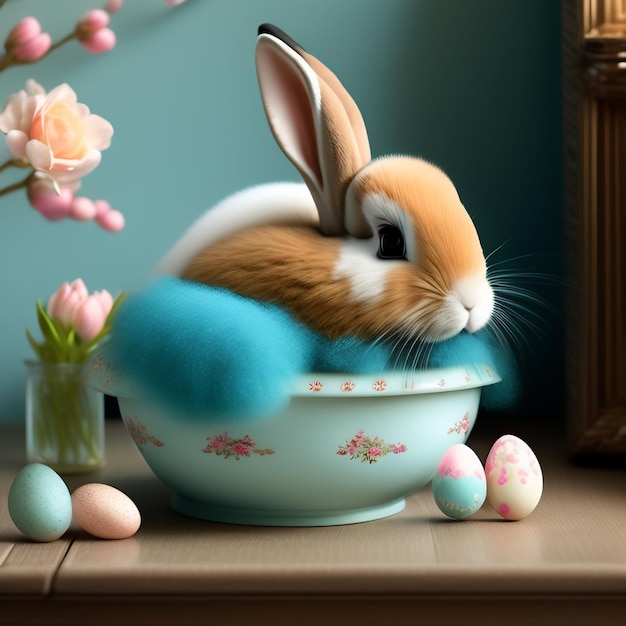 A bunny is sitting in a bowl with easter eggs on it.