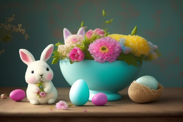 A bunny sits in a bowl of flowers next to a bowl of easter eggs.