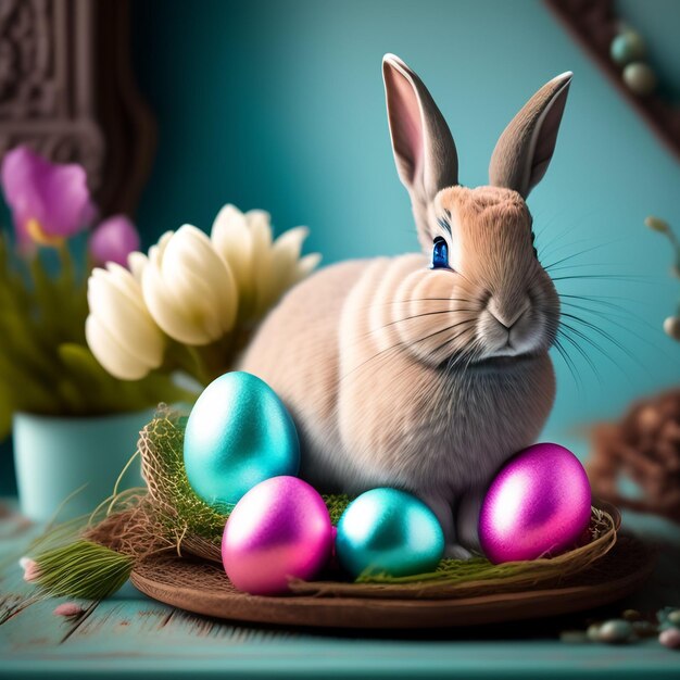 A bunny sits in a nest with easter eggs and flowers.