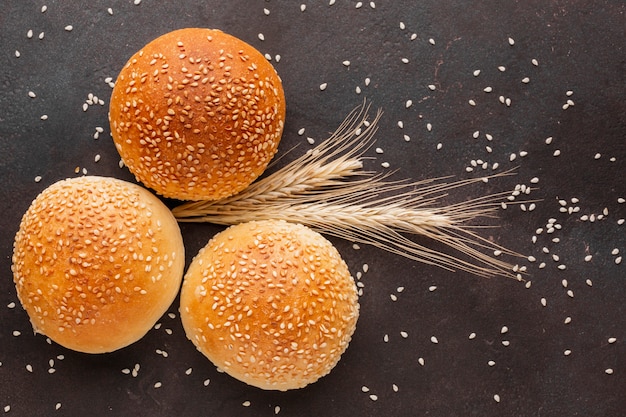 Buns of bread with wheat seeds